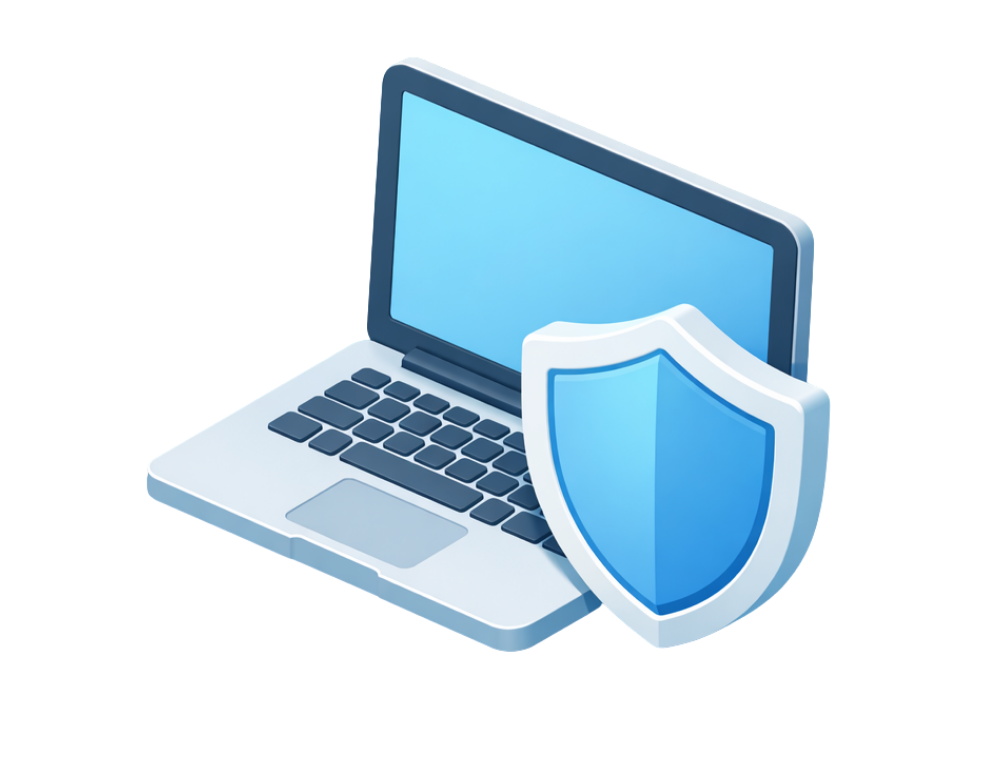 Isometric laptop with a blue shield indicating computer security